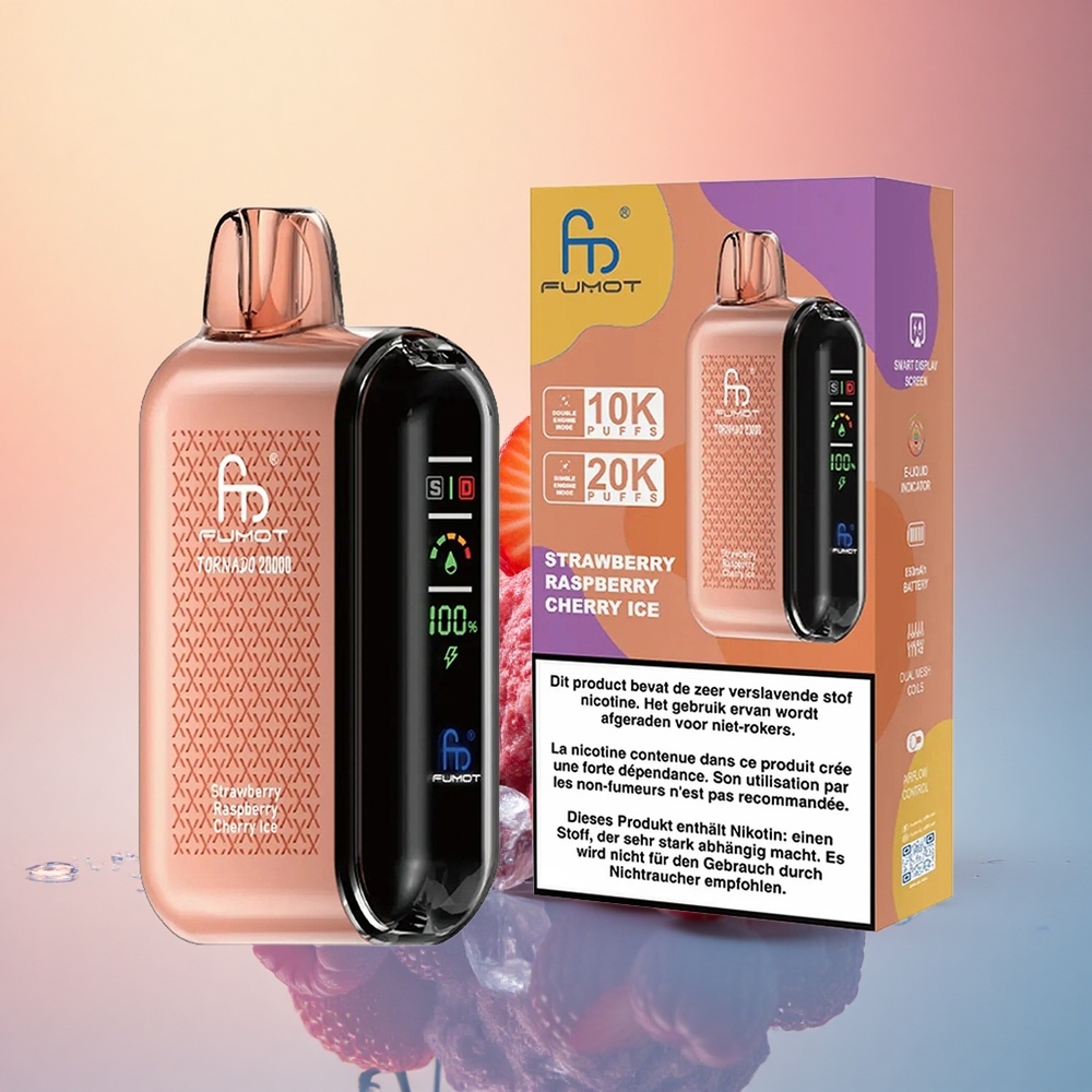 Fumot Tornado 20000 Puffs Çilek Ahududu Kiraz Buz Dual Mesh Coil Smart Display 850mAh