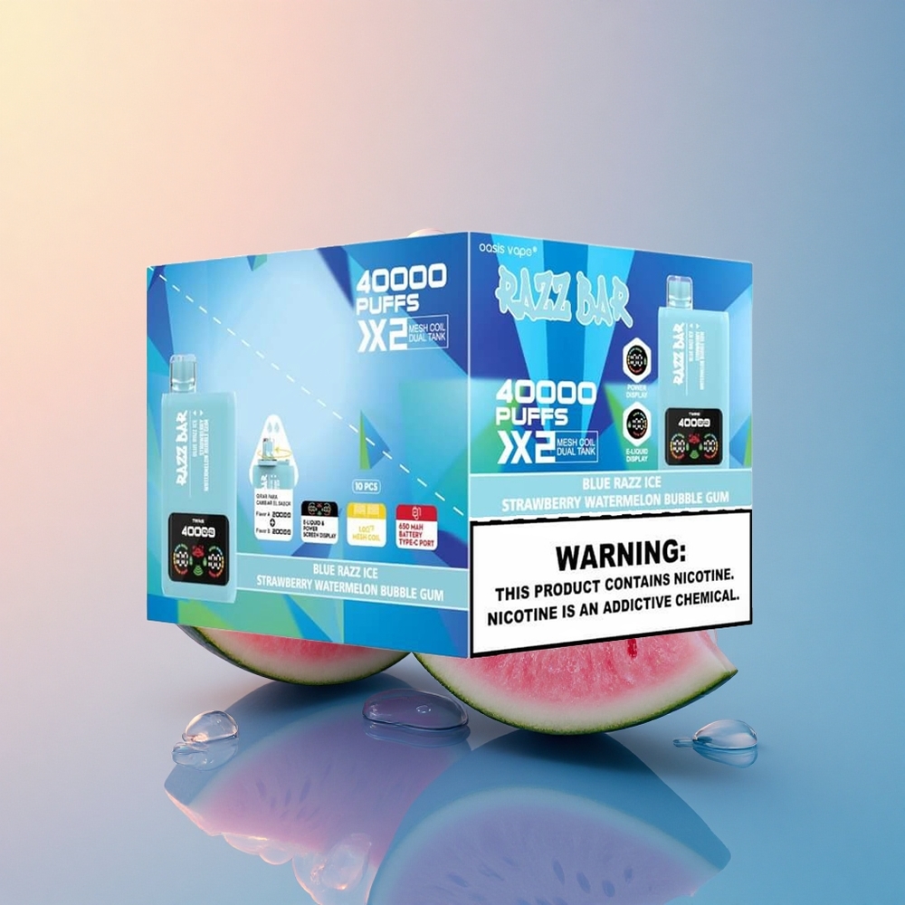 Razz Bar 40000 Puffs Mavi Ahududu Buz-Çilek Karpuzlu Bubble Gum 650 mAh Tip-C Port %2 Nikotin