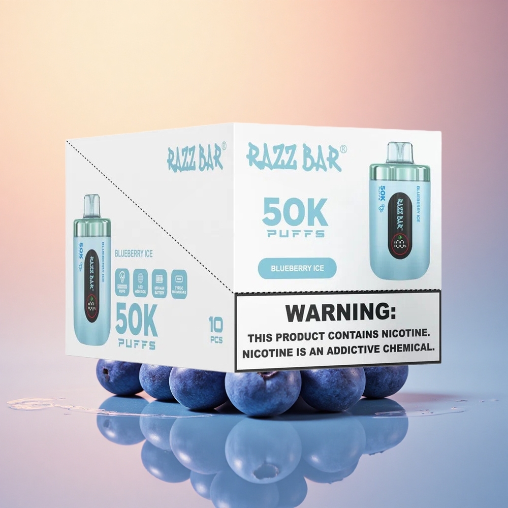 Razz Bar 50K Puffs Yaban Mersini Buz 650 mAh 1.0 Ohm Nikotin