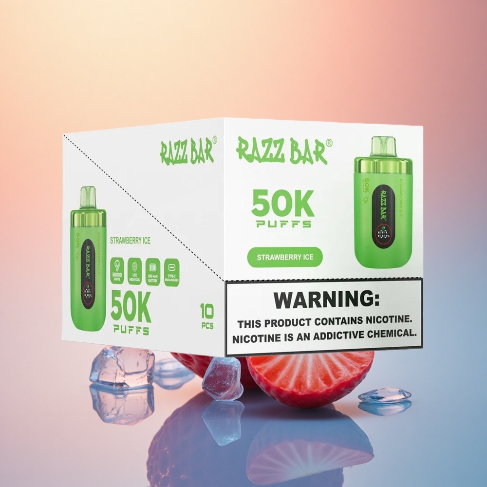 Razz Bar 50K Puffs Çilek Buz 1.0 Ohm Mesh 650 mAh