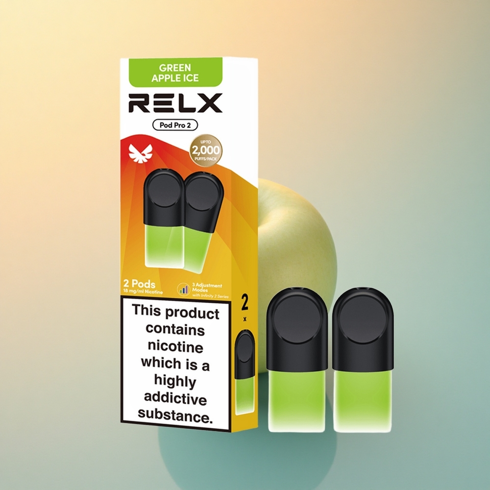 Relx Pod Pro 2 Vape Device Yeşil Elma Buzu 18mg/ml Nikotin - 1.9ml Kapasite - 3 Voltaj Ayarlı